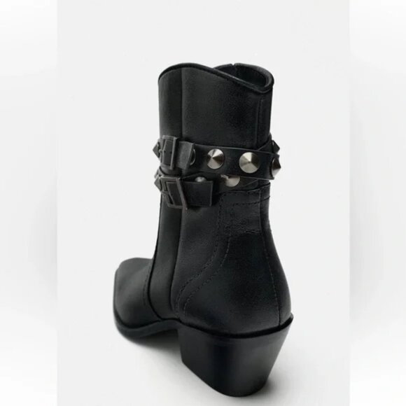 Zara Studded Black Leather Cowboy Ankle Boots - Picture 7 of 10